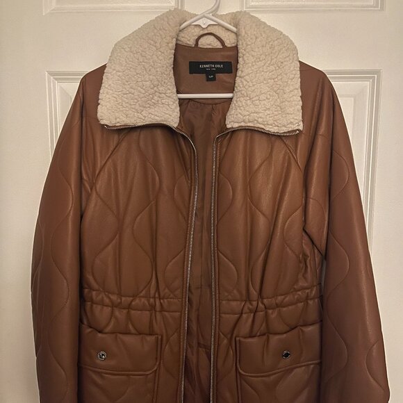 Women's Kenneth Cole brown faux leather fur-neck jacket - Picture 1 of 3